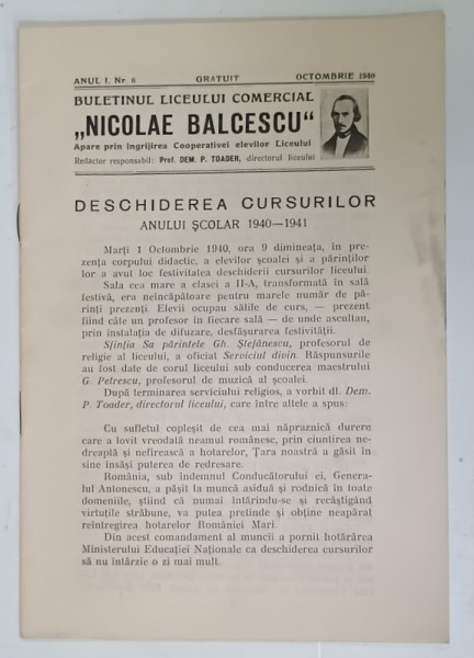 BULETINUL LICEULUI COMERCIAL &#039; NICOLAE BALCESCU &#039; , BUCURESTI , NR.6 , 1940
