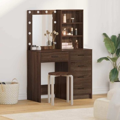 Set masă toaletă cu LED, 2 piese, stejar negru, lemn prelucrat foto