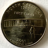 AMERICA QUARTER 1/4 DOLLAR 2001 LITERA P.(&quot;PRIMUL ZBOR&quot; - NORTH CAROLINA), BU, America de Nord, Cupru-Nichel