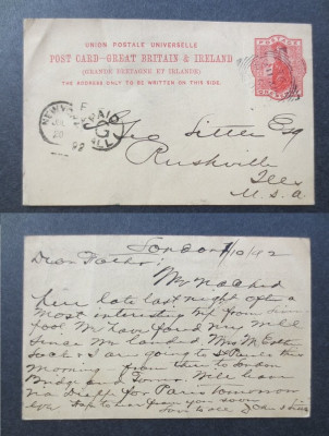 Great Britain 1892 Postcard Stationery London to Rushville USA D.920 foto