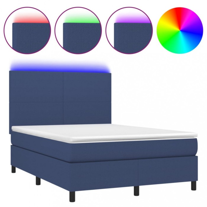 Pat cu arcuri, saltea si LED, albastru, 140x200 cm, textil