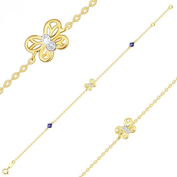 Brățară combinată din aur 585 &ndash; fluture bicolor, cristale Swarovski violet