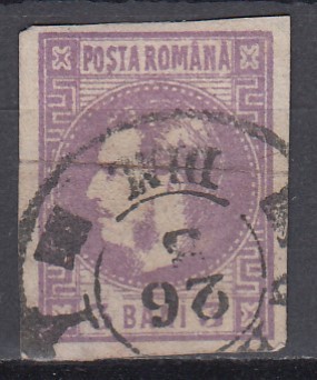 ROMANIA 1868 LP 22 REGELE CAROL CU FAVORITI 3 BANI VIOLET STAMPILAT PROBLEME DE CALITATE RUPT SI REPARAT foto