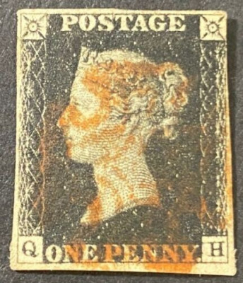 240-ANGLIA Q-H=1840-ONE PENNY-Primul timbru stampilat crucea malteza 4 margini foto