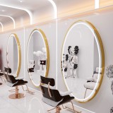 Consolă pentru coafor, frizerie și cosmetică, cu oglindă LED rotundă aurie 180x90 cm
