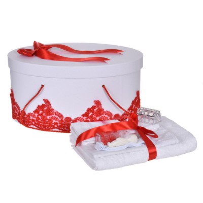 Set trusou botez si cutie trusou, dantela si fundita, decor elegant Rosu, foto