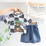 Costumas cu tricou alb si blugi pentru baietei - Bear (Marime Disponibila: 3