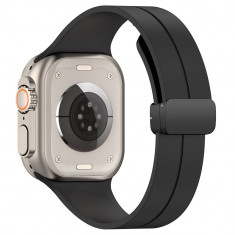 Bratara smartwatch compatibila apple watch 1/2/3/4/5/6/7/8/se/se 2 38/40/41mm, catarama metalica, minimalista, negru