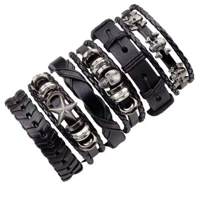 Set 6 bratari, skeleton cu multiple straturi, JustZEN&amp;trade;, pentru barbati, din piele naturala, neagra, inchidere ajustabila foto