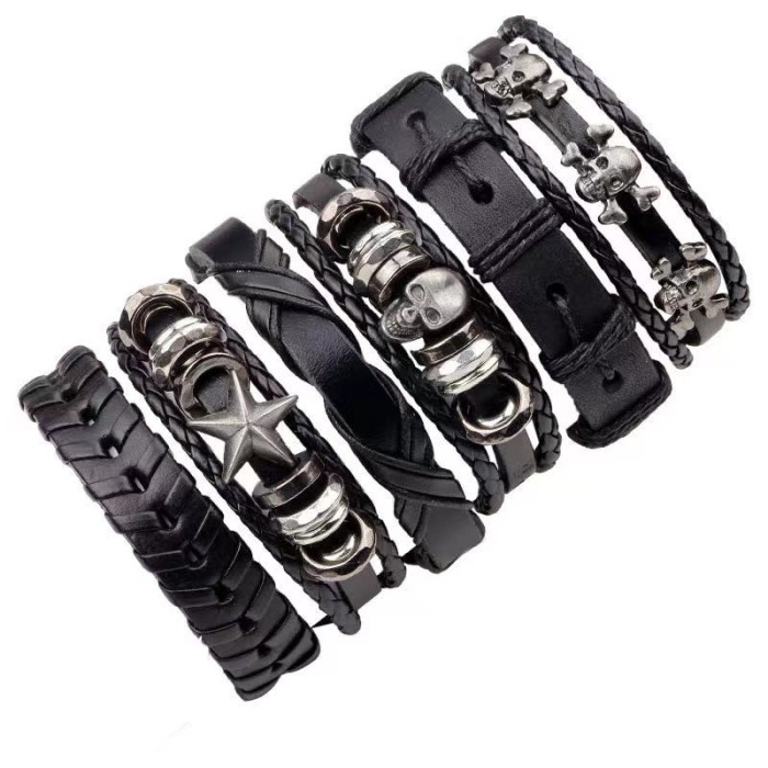 Set 6 bratari, skeleton cu multiple straturi, JustZEN&trade;, pentru barbati, din piele naturala, neagra, inchidere ajustabila
