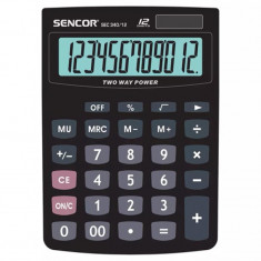 Calculator de birou Sencor, 12 cifre, calcule fiscale, procent, memorie, butoane din plastic, alimentare solara/baterie, Negru
