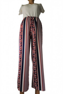 Pantaloni lungi, din bumbac, multicolori in nuante de rosu-bleumarin-bej, cu talie elastica foto
