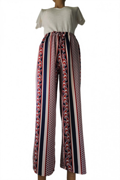 Pantaloni lungi, din bumbac, multicolori in nuante de rosu-bleumarin-bej, cu talie elastica