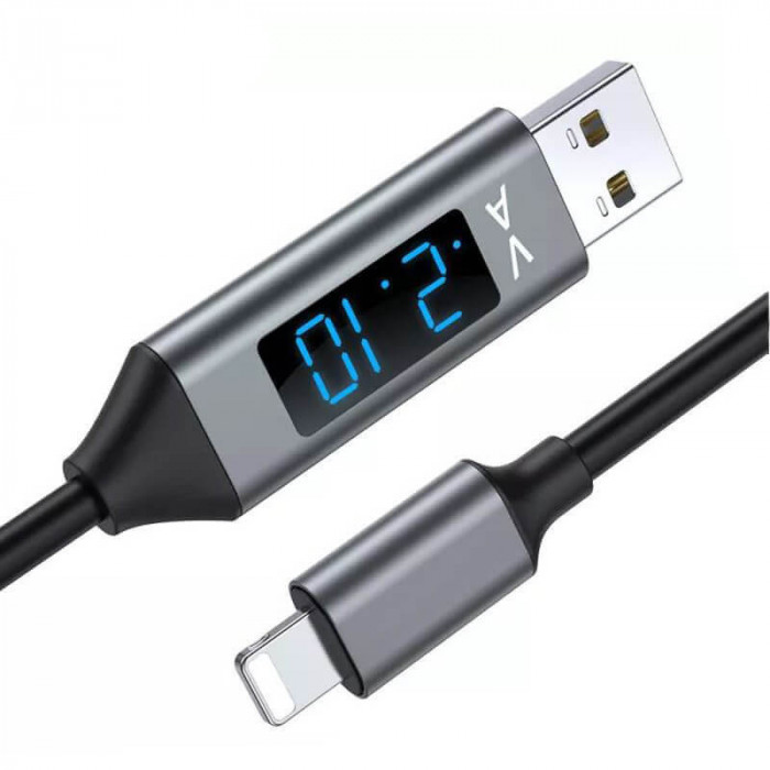 Cablu de incarcare si transfer date Edman QC 3.0 Fast Charge Lightning cu display voltaj de 1m, Negru