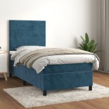 VidaXL Pat box spring cu saltea, albastru &icirc;nchis, 100x200 cm, catifea