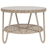 Outsunny Măsuță laterală din polyrattan, masă de cafea &icirc;n 2 niveluri cu raft, blat din sticlă, picioare reglabile, 65 x 65 x 50 cm, galben | Aosom Rom