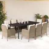 vidaXL Set de masă pentru grădină, 9 piese, cu perne, bej, poliratan