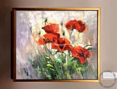 TABLOURI PICTATE MANUAL, TABLOU CU MACI ROSII, FLORI DE CAMP, PICTURA IN CUTIT foto