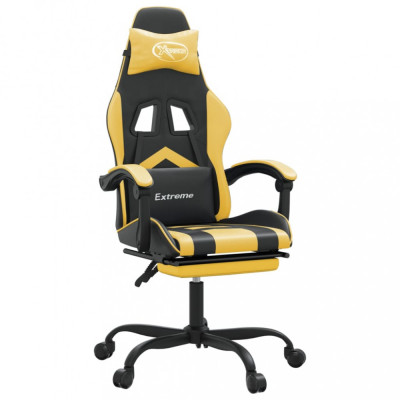 Scaun de gaming cu suport picioare negru/auriu, piele ecologică foto