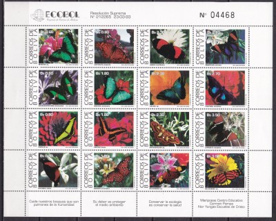 Bolivia 1993 fauna fluturi MI 1193-1208 kleib. MNH foto