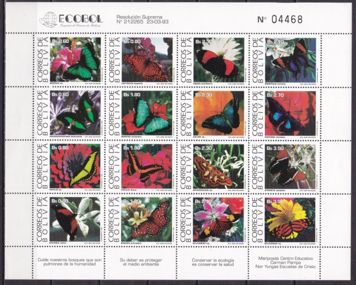 Bolivia 1993 fauna fluturi MI 1193-1208 kleib. MNH