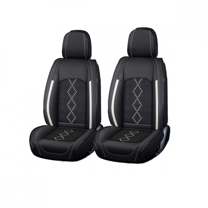 Huse auto premium 5 locuri Carguard Deluxe piele ecologica perforata si textil - negru - alb Best CarHome