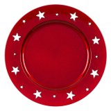 Platou Decorativ Crăciun Rotund Roșu cu Stele Plastic, CMCLASS