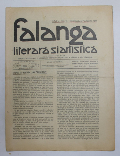 FALANGA LITERARA SI ARTISTICA , ZIAR SAPTAMANAL , ANUL I, NR. 7 , DUMINICA 21 FEBRUARIE , 1910