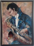 Tablou mare ulei, pictura noua-SAXOFONIST-, pictor roman consacrat