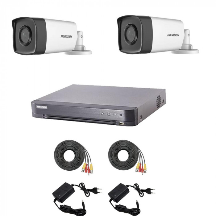 Sistem supraveghere video Hikvision 2 camere 2MP Turbo HD IR 80 M si IR 40 M cu DVR Hikvision 4 canale, full accesorii SafetyGuard Surveillance