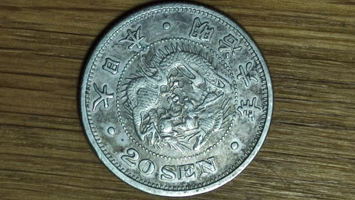 Japonia - moneda de colectie argint - 20 sen 1873 / 年六治明 - Meiji - foarte greu de gasit !