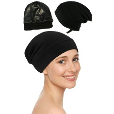 Bonetă de noapte pentru protecție păr cu interior din satin, Negru - Negru, Medium