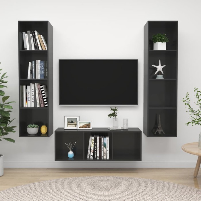 Set de dulapuri TV, 3 piese, gri extralucios, lemn prelucrat
