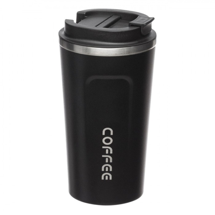 Cana voiaj cu termos metal, negru, capac plastic cu duza si inchidere ermetica, 500ml