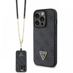 Guess Husa PU 4G Strass Triangle Metal Logo cu curea Crossbody iPhone 15 Pro Negru