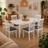 Set masa living extensibila Miami, MDF, lemn masiv, 120 150 x 80 x 73.8 cm si 6 scaune Houston, stofa,100 kg, 94x49x40 cm, alb gri