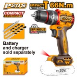 Masina de gaurit bormasina 20 v cu impact 66 nm mandrina metalica, brushless, 2000 rpm, fara acumulator, pentru gaurire si insurubare - Ingco CIDLI206