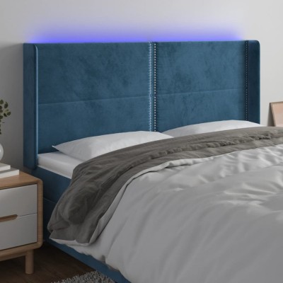 vidaXL Tăblie de pat cu LED, albastru &amp;icirc;nchis, 183x16x118/128cm catifea foto