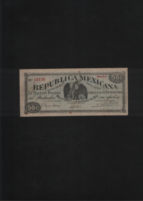 Rar! Mexic 50 centavos 1914 Division del bravo Monterrey seria53136