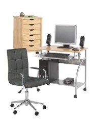 Set mobilier birou copii HM B6, MDF, metalic, spatii depozitare, cu scaun HM Gonzo 3 gri inchis, stofa, 90 kg si dulapior rulant HM Nils, cu roti, lem