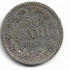 Moneda 50 pennia 1865 - Finlanda, 2,5495 g argint 0,750, cotatii ridicate!!! foto