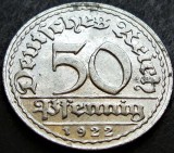 Cumpara ieftin Moneda istorica 50 PFENNIG - IMPERIUL GERMAN, anul 1922 * cod 515 - litera D