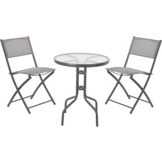 Set mobilier bistro pliabil cu masa rotunda si 2 scaune , sticla securizata si metal, gri