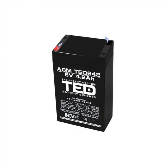 Acumulator AGM VRLA 6V 4,2A dimensiuni 70mm x 48mm x h 101mm F1 TED Battery Expert Holland TED002914 (20)
