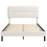 HOMCOM Cadru pat 140 x 200 cm cu tăblie reglabilă, pat tapițat cu aspect de in și 12 lamele din placaj, bej | Aosom Romania