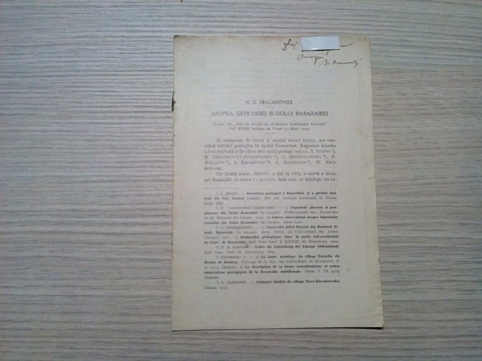 ASUPRA GEOLOGIEI SUDULUI BASARABIEI - N. G. Macarovici (autograf) -1930, 6 p.