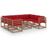 Set mobilier de grădină cu perne roșii, 9 piese