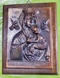 G276-Aplica Icoana metaloplastie basorelief veche-Fecioara Maria-Intotdeauna Ajutatoare cu Pruncul inconjurata de Arhangheli/Ingeri si initiale greaca
