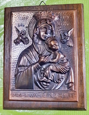 G276-Aplica Icoana metaloplastie basorelief veche-Fecioara Maria-Intotdeauna Ajutatoare cu Pruncul inconjurata de Arhangheli/Ingeri si initiale greaca foto
