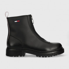 Tommy Jeans cizme de piele Tommy Jeans Zip Boot femei, culoarea negru, cu toc plat